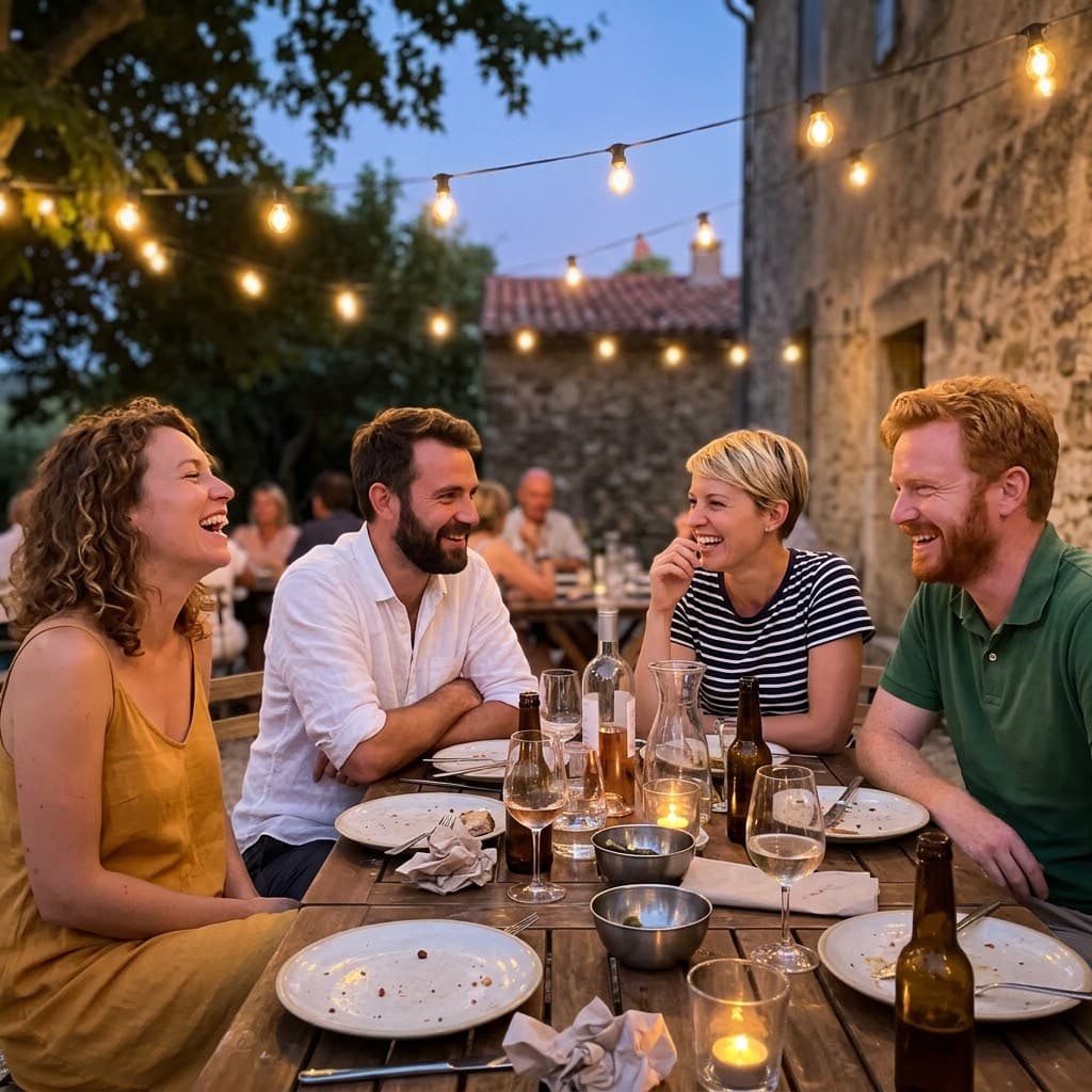 Quatre amis qui rient autour d'une table, le soir, sous une guirlande lumineuse
