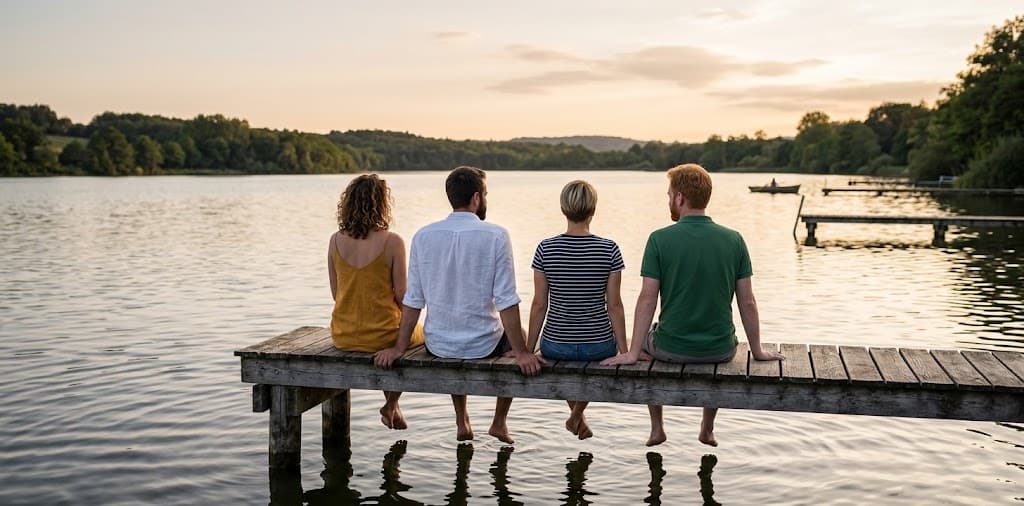 Les quatre amis assis de dos sur un ponton, au bord d'un lac