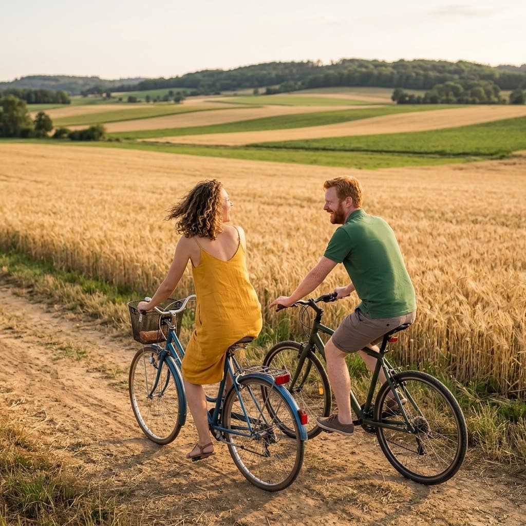 Deux amis à vélo sur un chemin, le long d'un champ de blé
