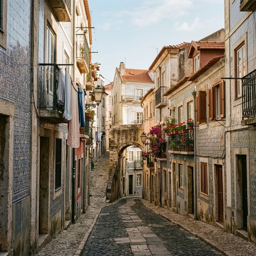Ruelle pavée de l'Alfama, bordée de façades en azulejos