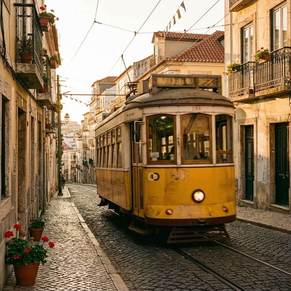 Tramway jaune dans une rue en pente de Lisbonne