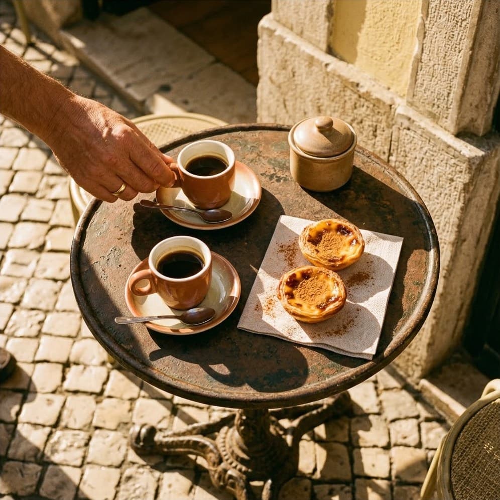 Deux cafés et deux pastéis de nata sur une table de terrasse